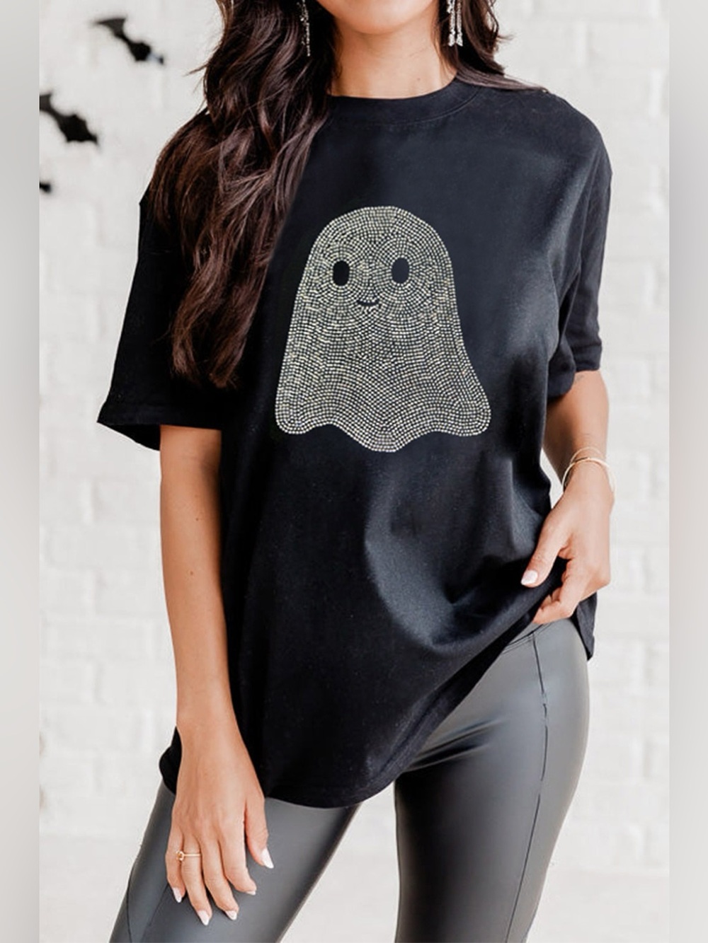 Full Size Rhinestone Ghost Round Neck T-Shirt Plus Size